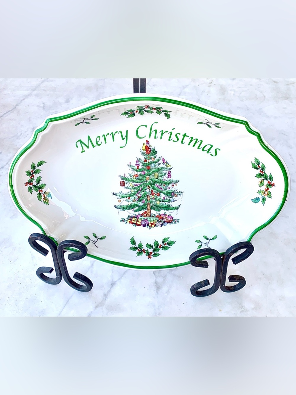 SPODE CHRISTMAS TREE OVAL MERRY CHRISTMAS TRAY PLATTER NEW GREEN GIFTS TOYS